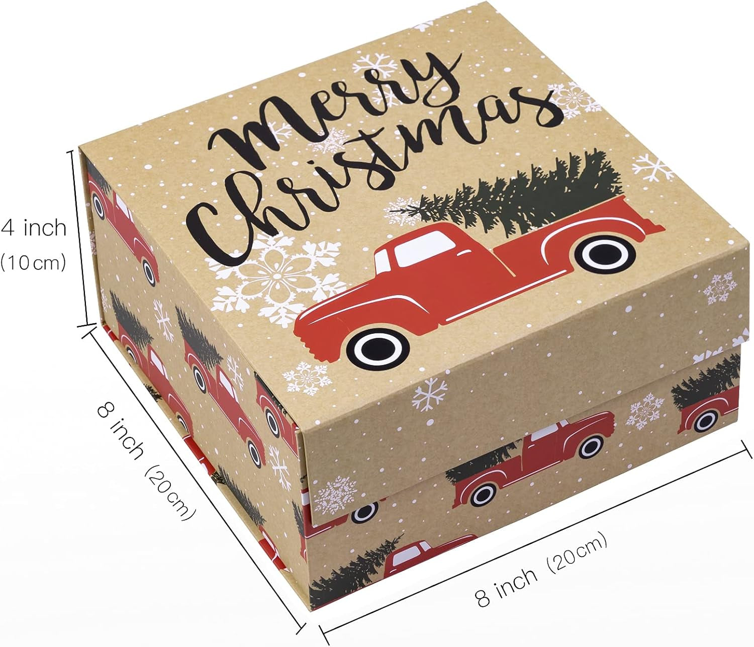 1 Pcs Christmas Gift Box with Lid - 8X8X4 Inches Red Truck with Christmas Tree Design Gift Box, Collapsible Gift Box with Magnetic Closure and 2 Pcs Tissue Paper