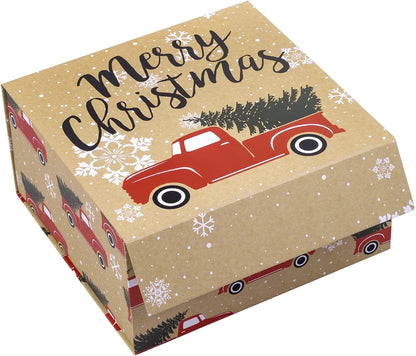 1 Pcs Christmas Gift Box with Lid - 8X8X4 Inches Red Truck with Christmas Tree Design Gift Box, Collapsible Gift Box with Magnetic Closure and 2 Pcs Tissue Paper