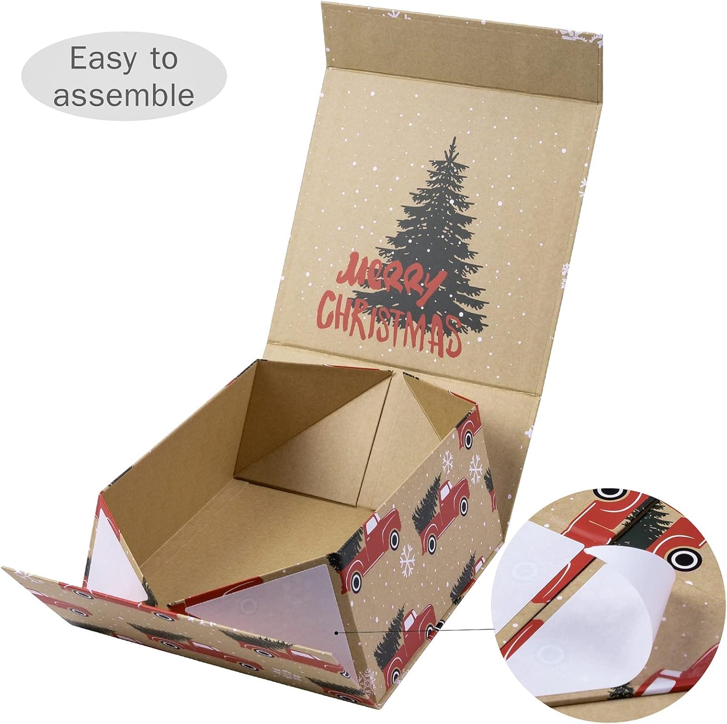 1 Pcs Christmas Gift Box with Lid - 8X8X4 Inches Red Truck with Christmas Tree Design Gift Box, Collapsible Gift Box with Magnetic Closure and 2 Pcs Tissue Paper