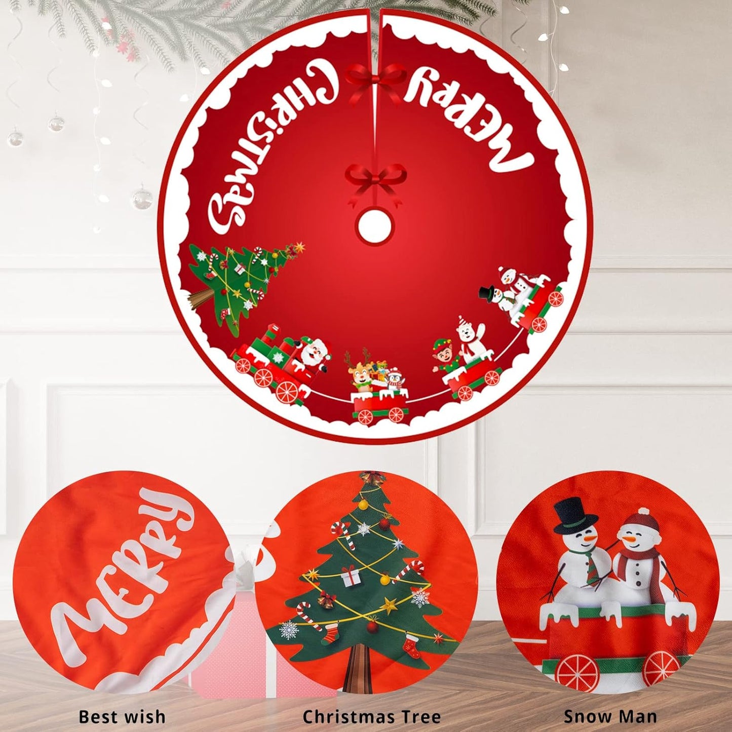 Christmas Tree Skirt, 48 Inch for Home Merry Christmas Party Decorations Indoor (X-Mas Tree, Snowman and Santa Claus)