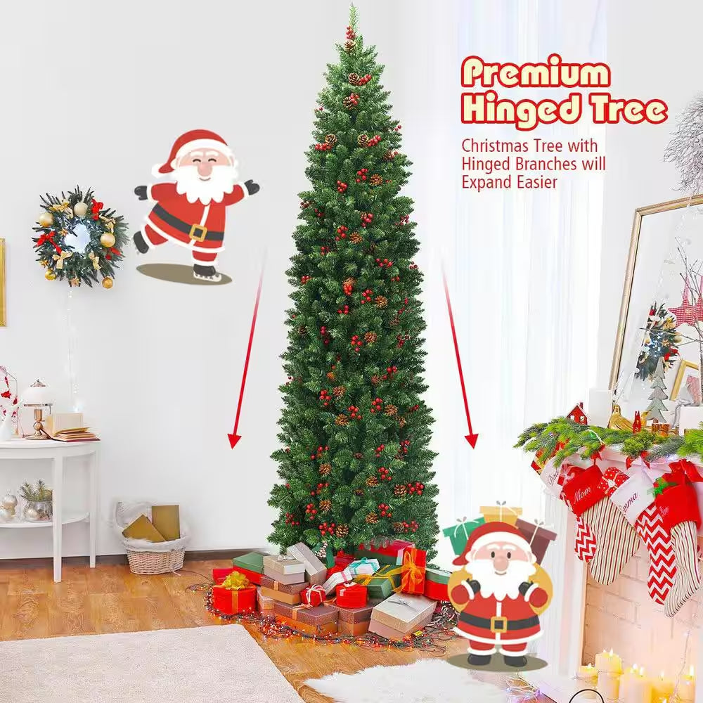 7.5 Ft. Pre-Lit LED Slim Pencil Hinged Artificial Christmas Tree with Red Berries and Pinecoins