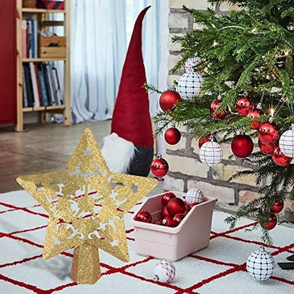 Christmas Tree Topper with 3D Projector Gold Star, LED Rotating Flash Xmas Ornament Light Lamp Star Shape,Glitter Sparkling Yellow Gold 5-Point Star Indoor Decorative Lights