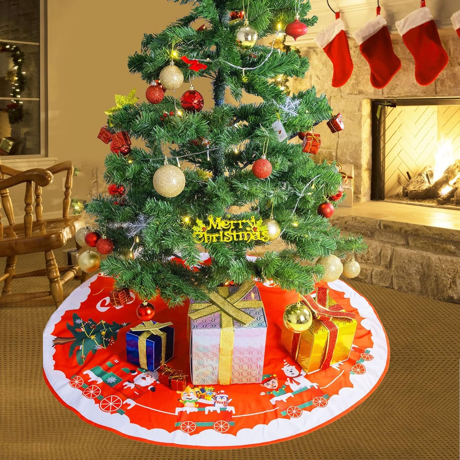 Christmas Tree Skirt, 48 Inch for Home Merry Christmas Party Decorations Indoor (X-Mas Tree, Snowman and Santa Claus)