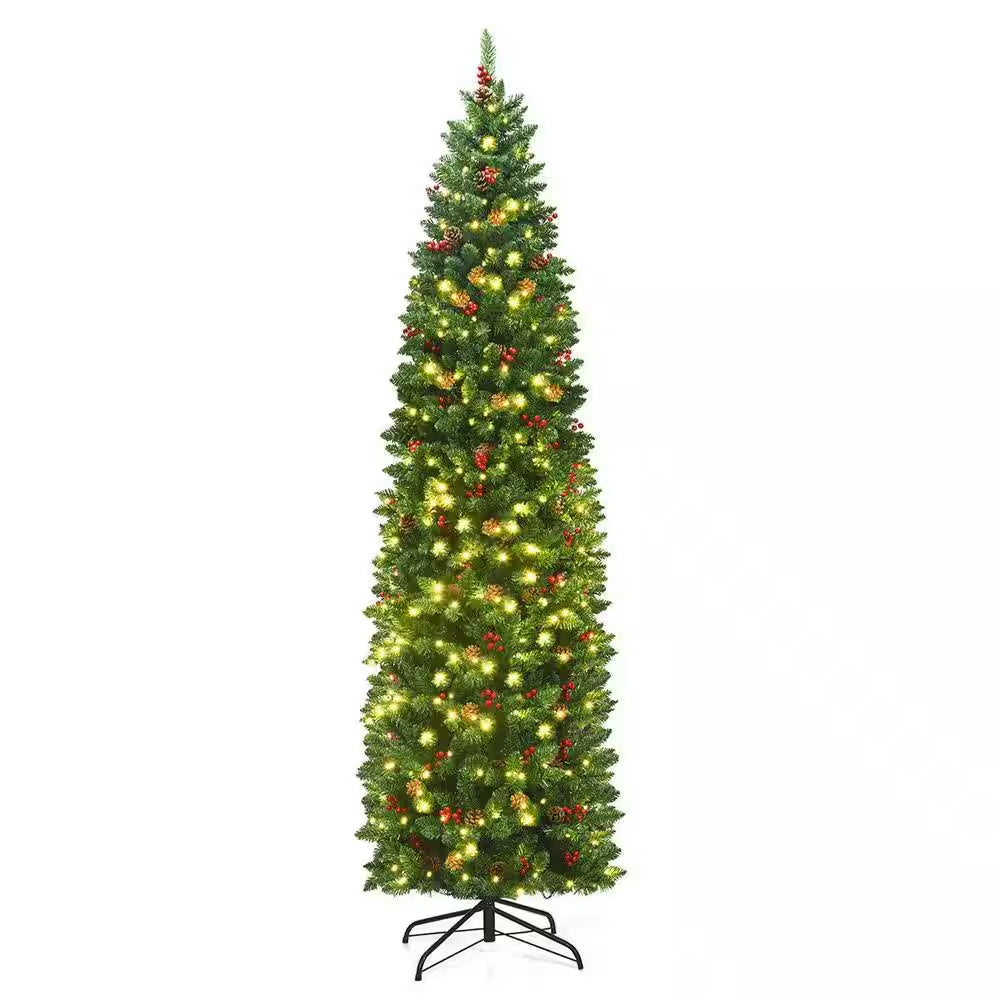 7.5 Ft. Pre-Lit LED Slim Pencil Hinged Artificial Christmas Tree with Red Berries and Pinecoins