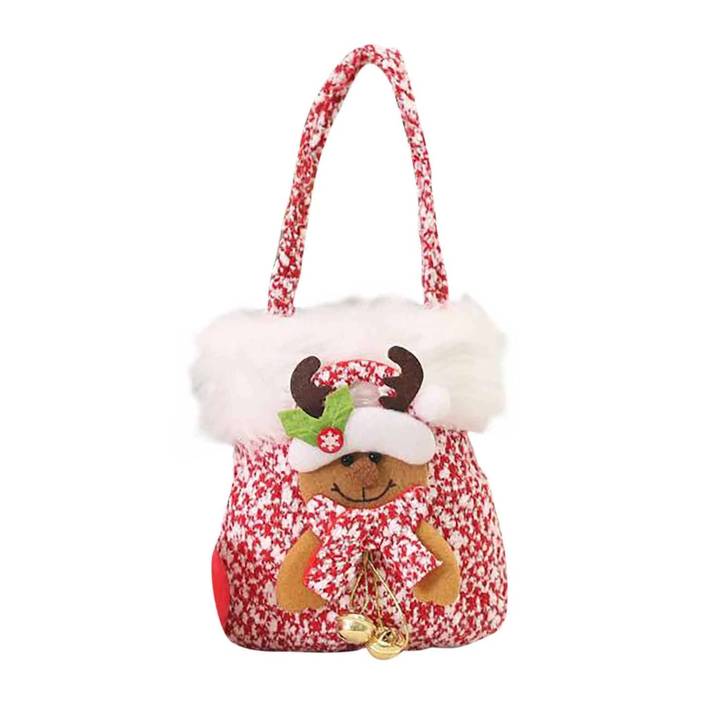 Christmas Gift Bags, Plush Reindeer Doll Gift Bags with Handles and Jingle Bell, Xmas Party Favor Gift Bags Christmas Goody Bags Tote Bags for Kids Girls Boys, 5.5"X6.7"