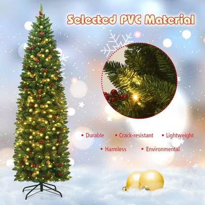 7.5 Ft. Pre-Lit LED Slim Pencil Hinged Artificial Christmas Tree with Red Berries and Pinecoins