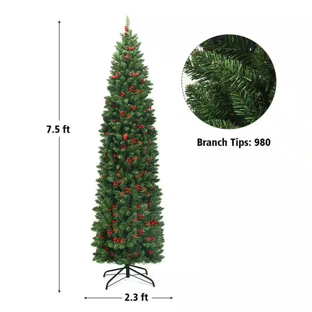 7.5 Ft. Pre-Lit LED Slim Pencil Hinged Artificial Christmas Tree with Red Berries and Pinecoins