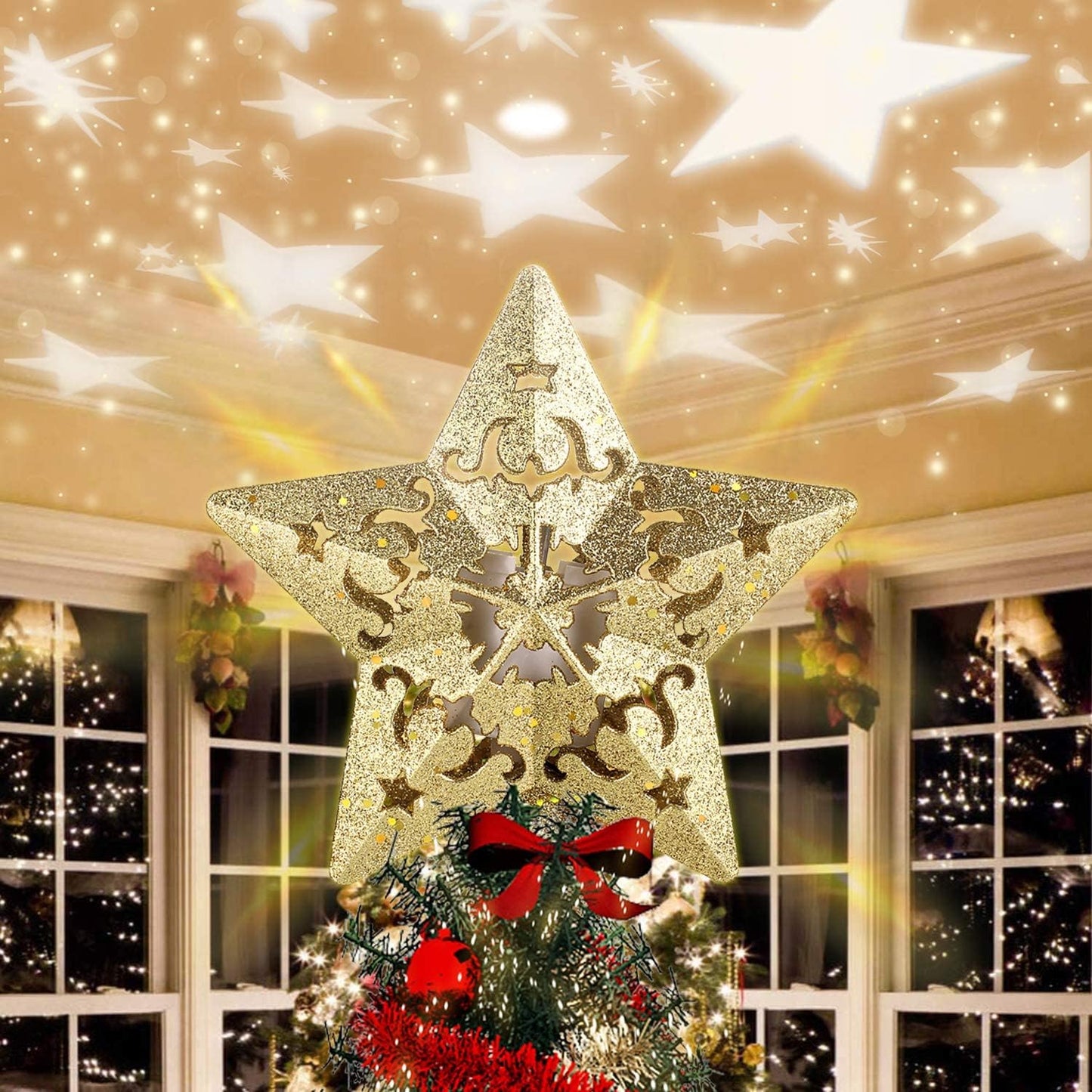 Christmas Tree Topper with 3D Projector Gold Star, LED Rotating Flash Xmas Ornament Light Lamp Star Shape,Glitter Sparkling Yellow Gold 5-Point Star Indoor Decorative Lights