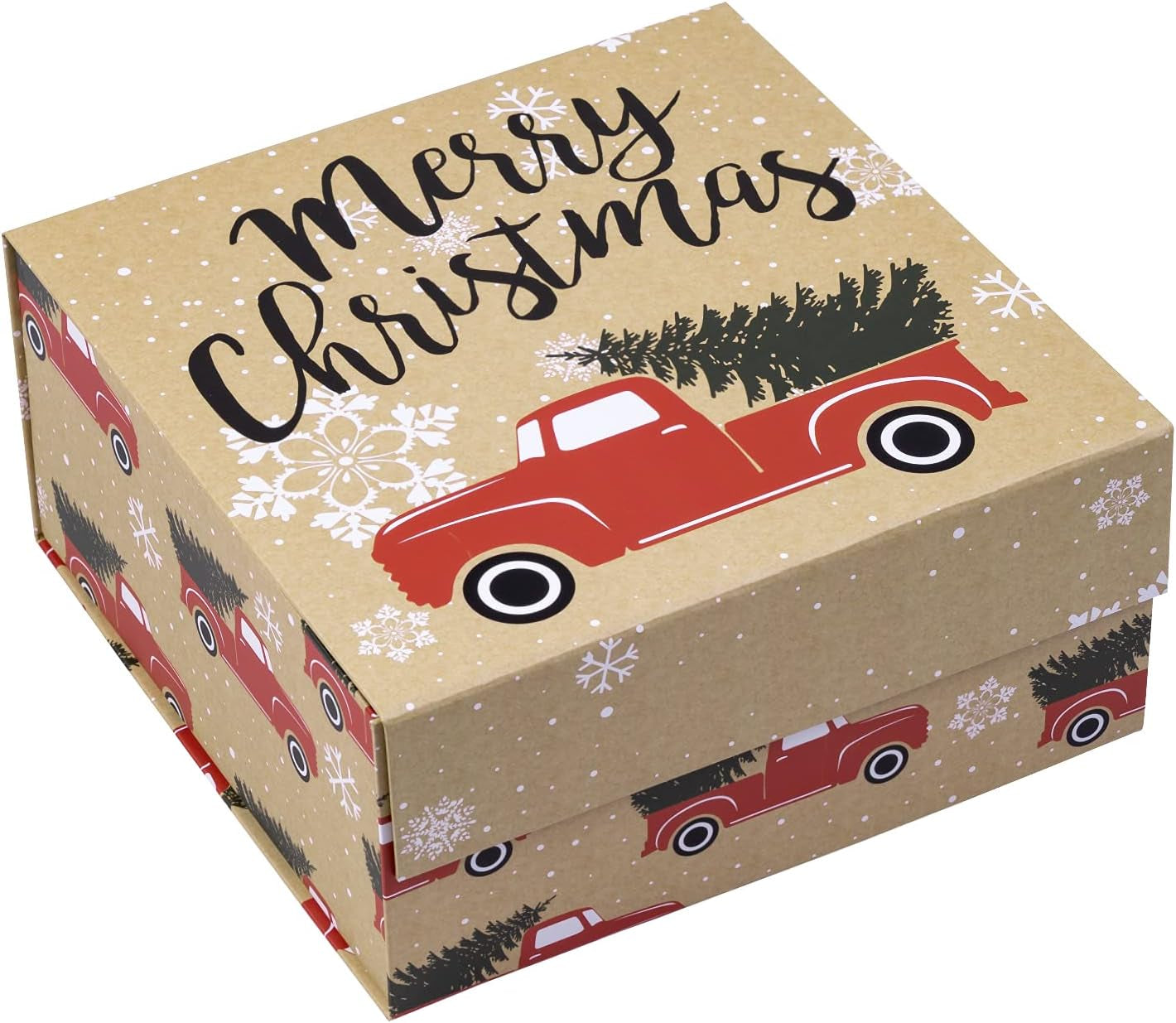 1 Pcs Christmas Gift Box with Lid - 8X8X4 Inches Red Truck with Christmas Tree Design Gift Box, Collapsible Gift Box with Magnetic Closure and 2 Pcs Tissue Paper