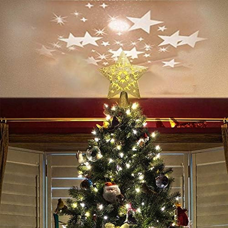 Christmas Tree Topper with 3D Projector Gold Star, LED Rotating Flash Xmas Ornament Light Lamp Star Shape,Glitter Sparkling Yellow Gold 5-Point Star Indoor Decorative Lights