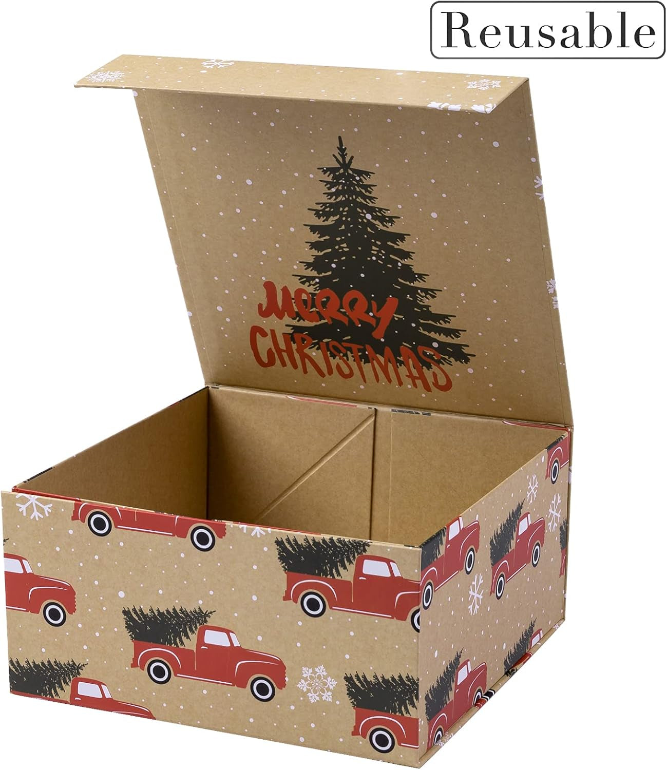 1 Pcs Christmas Gift Box with Lid - 8X8X4 Inches Red Truck with Christmas Tree Design Gift Box, Collapsible Gift Box with Magnetic Closure and 2 Pcs Tissue Paper