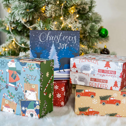 1 Pcs Christmas Gift Box with Lid - 8X8X4 Inches Red Truck with Christmas Tree Design Gift Box, Collapsible Gift Box with Magnetic Closure and 2 Pcs Tissue Paper