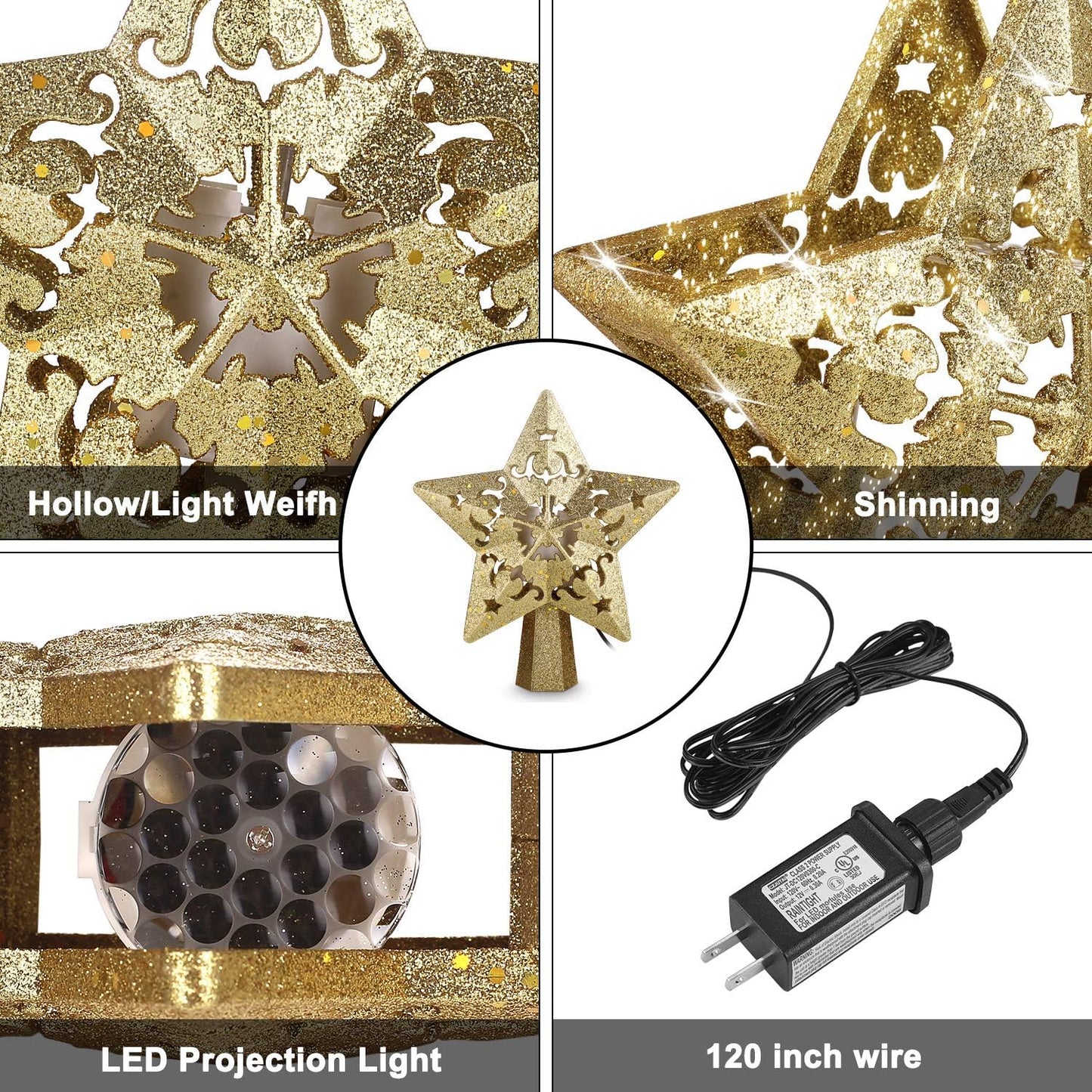 Christmas Tree Topper with 3D Projector Gold Star, LED Rotating Flash Xmas Ornament Light Lamp Star Shape,Glitter Sparkling Yellow Gold 5-Point Star Indoor Decorative Lights