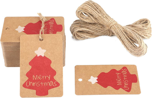 Christmas Gift Tags with String, 100PCS Kraft Paper Christmas Gift Tags, Merry Christmas Gift Tags, Christmas Tree Tags for Christmas, Gift Wrapping (2'' × 3'')