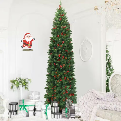 7.5 Ft. Pre-Lit LED Slim Pencil Hinged Artificial Christmas Tree with Red Berries and Pinecoins